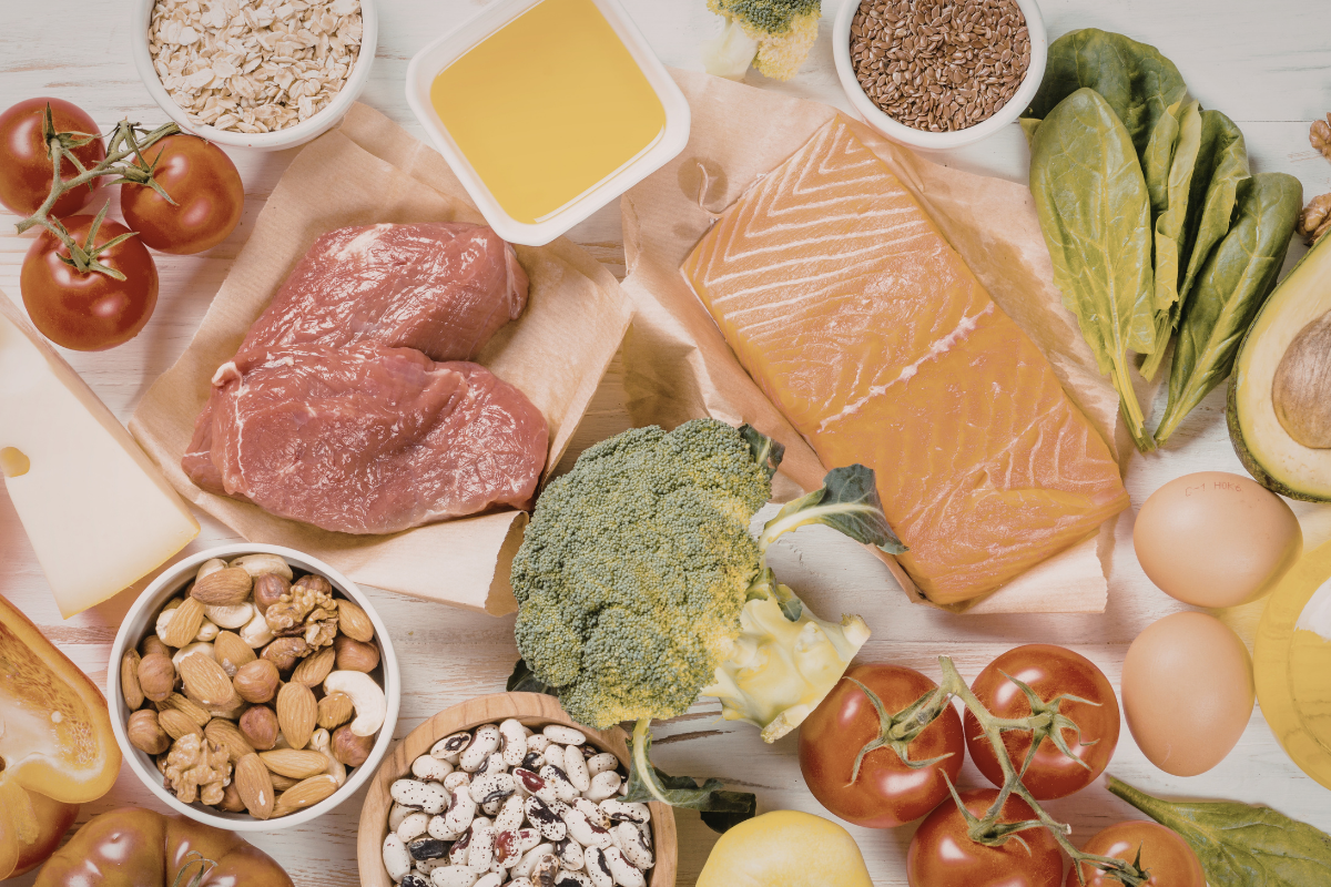 Colorful array of vitamin-rich foods and supplements