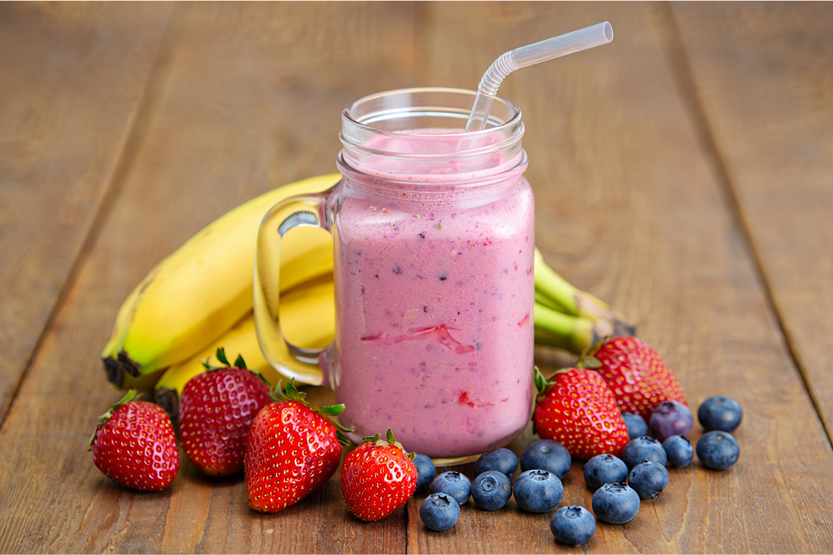 Colorful array of nutrient-dense smoothies in glass containers with fresh ingredients