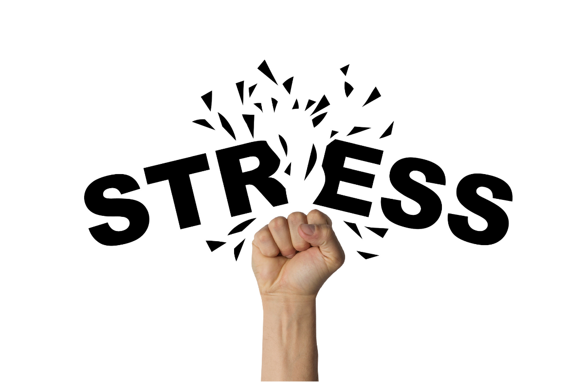 Person under stress surrounded by visual cues of poor diet, sleeplessness, and weight gain